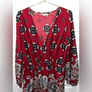 Deep Red Silky Romper w/ Black, White, & Turquoise Paisley & Emblem Pattern | XL